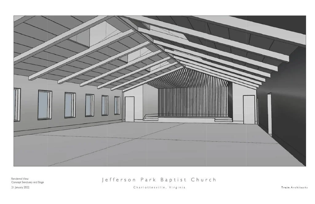 Architectural rendering of the Phase 2 exterior elevation with steeple and expanded entry
