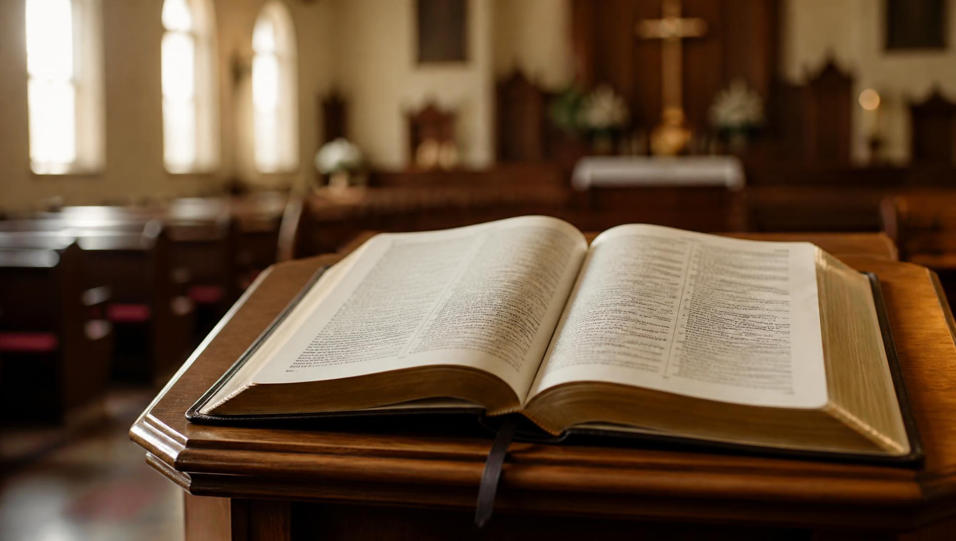 An open Bible resting on a wooden pulpit in the sanctuary